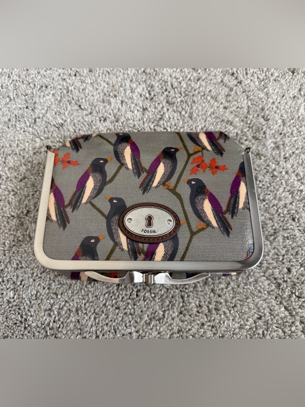 Fossil Gray Bird-Print Clutch Key-Per